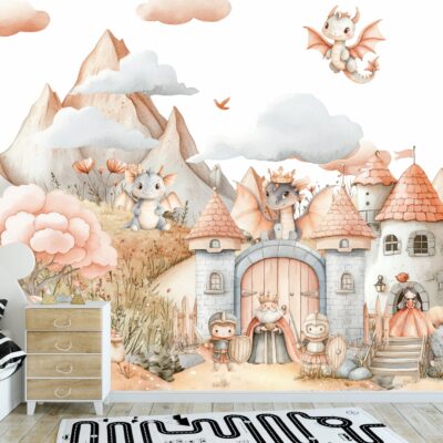 Fototapeta smoki i rycerze pilnujące księżniczki na zamku