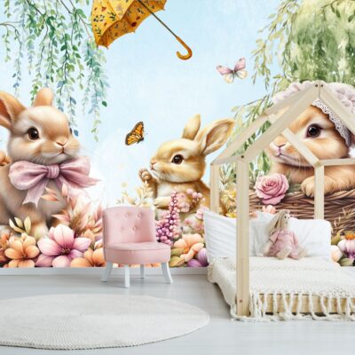 Fototapeta króliczki zajączki na kwiecistej polanie