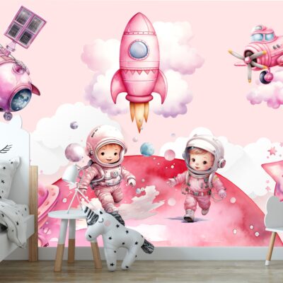 Fototapeta Misja na różowej planecie satelita rakieta ufo