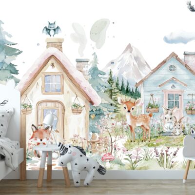 Fototapeta zwierzęta w domkach leśnych las pastelowy