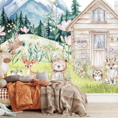 Fototapeta leśne zwierzęta spotykanie przy domku na tle gór