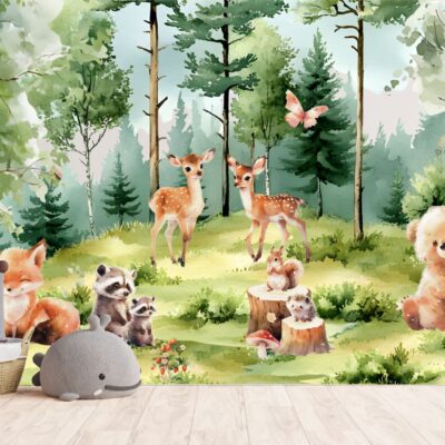 Fototapeta malowany las pełen uroczych zwierząt