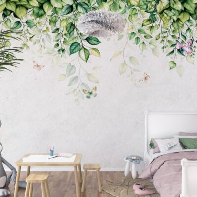 Fototapeta zwisające zielone liście i kolorowe motyle