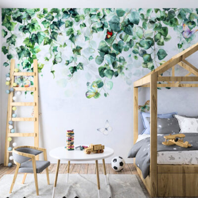 Fototapeta zwisające zielone liście bluszczu w tle motyle