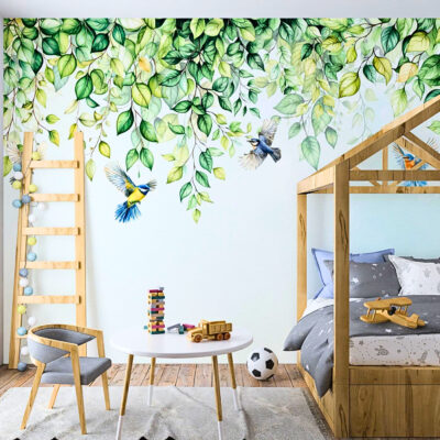 Fototapeta zwisające zielone liście w tle kolorowe ptaki