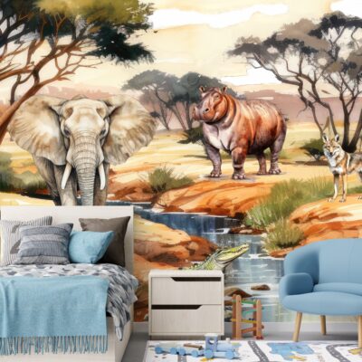 Ilustracja w stylu akwareli przedstawiająca afrykańskie safari. Widać na niej różne dzikie zwierzęta – słonia, hipopotama, krokodyla, fenka, pawiana, likaona, gazelę, surykatkę, kobrę i inne – zgromadzone wokół rzeki, wśród suchych traw sawanny i akacjowych drzew. Tło tworzą łagodne wzgórza i rozległy krajobraz sawanny pod jasnym niebem. Obraz idealnie nadaje się jako dekoracyjna fototapeta do pokoju dziecięcego.
